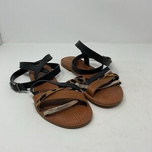 Gianni Bini Strappy Sandals Womens 8.5M Black Brown Gold Animal Flats Safari